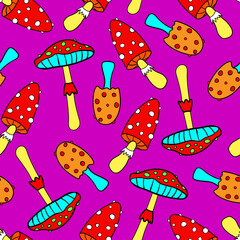 Vibrant trippy seamless vector pattern with acid mushrooms