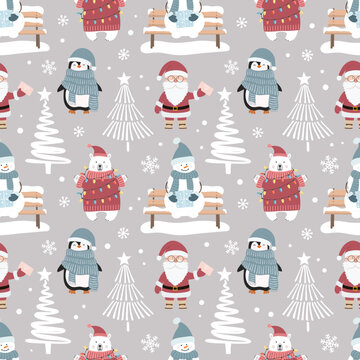 Christmas seamless pattern with cute cartoon penguin, polar bear, Santa Claus, snowman and christmas tree. Can be used for fabric, wrapping paper, scrapbooking, textile, banner and other design.