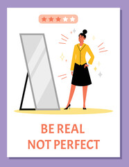Woman looking at the mirror dissatisfied with her appearance, poster template flat vector illustration.