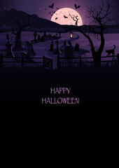 Halloween cemetery night background, banner for greeting card. Moon, bats, scary tree, black cat, crow, tombstones and graves