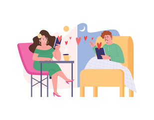 Romantic couple communicates at a distance online, flat vector isolated.