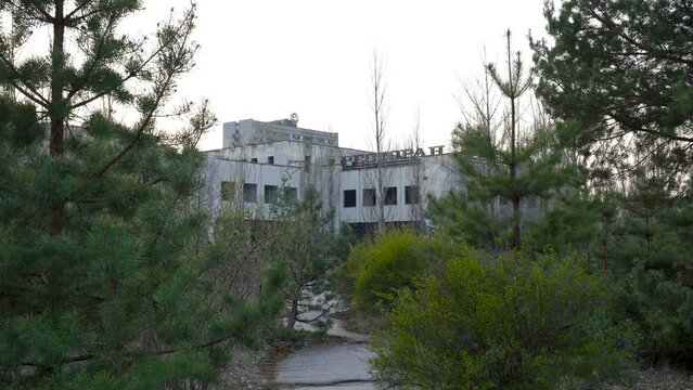 Abandoned administrative building. Abandoned ghost town Pripyat in spring. Chernobyl exclusion zone. Ukraine