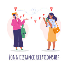 Long distance relationship concept, gay couple talking on the phone, flat vector illustration on white background.