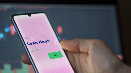 An investor's analizing the lean hogs etf fund on a screen. A phone shows the prices of  pork ETF