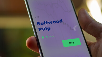 An investor's analizing the NBSK etf fund on a screen. A phone shows the prices of softwood pulp