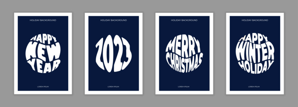 Happy new year poster set. Minimalistic trandy poster with white text on black background. Design for typography 2023 for season decoration. Merry Christmas, happy winter holiday. Text in ball form