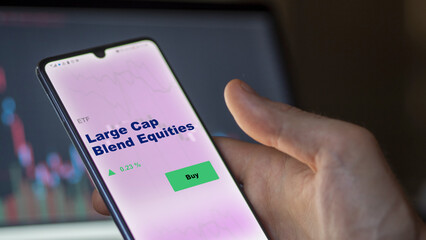 An investor's analyzing the large cap blend equities etf fund on screen. A phone shows the ETF's largeCap blend equity to invest