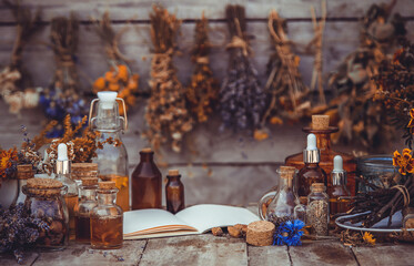 Medicinal herbs and tinctures homeopathy. Selective focus.