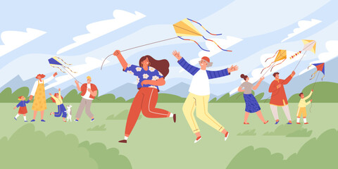 Summer meadow with families and couples flying a kite, flat vector illustration.