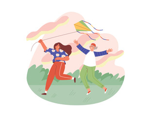 Banner with young people flying a kite flat vector illustration isolated.