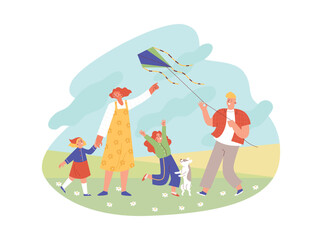 Naklejka premium Family with kids and dog flying kite in the field or park, flat vector illustration isolated on white background.