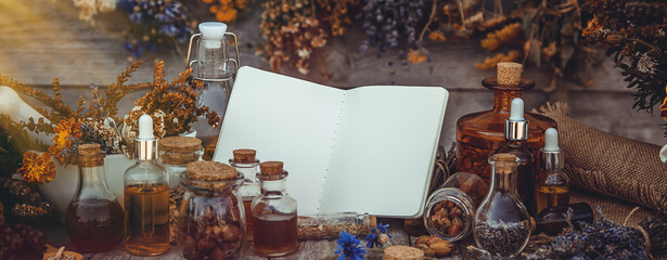 Medicinal herbs and tinctures homeopathy. Selective focus. © yanadjan