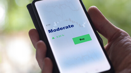 An investor's analyzing the moderate term etf fund on screen. A phone shows the ETF's prices stocks to invest