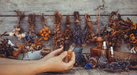 Medicinal herbs and tinctures homeopathy. Selective focus.