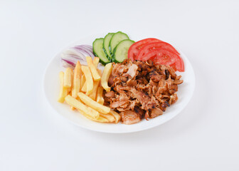 Doner salad plate, kebab chicken meat on white plate. Turkish food. Isolated on white background. 