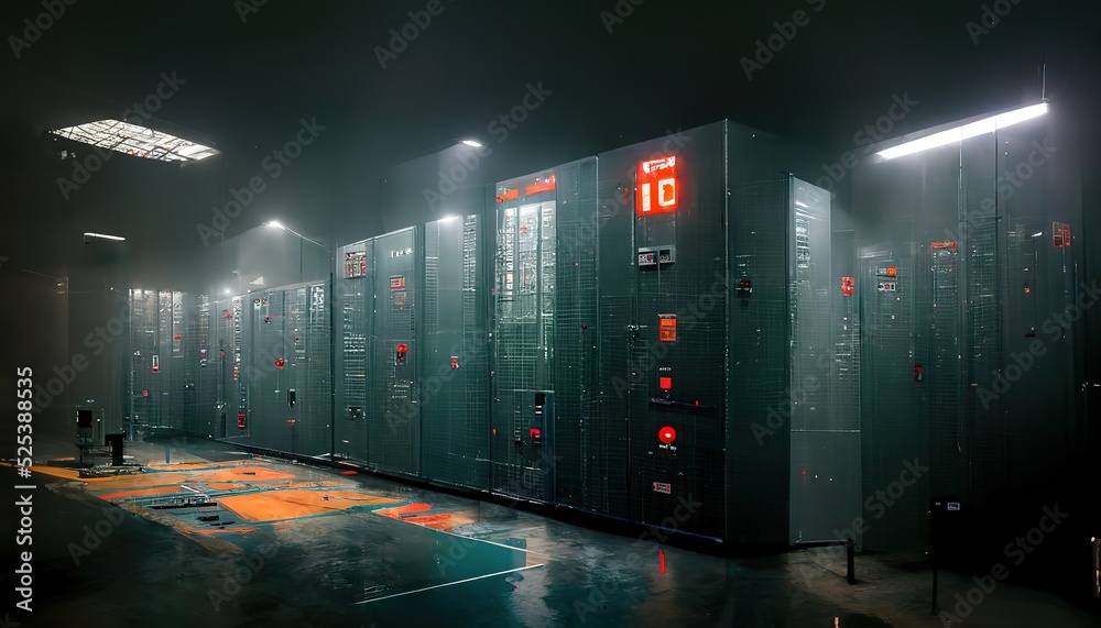 Poster cabinets with powerful servers in empty control premise