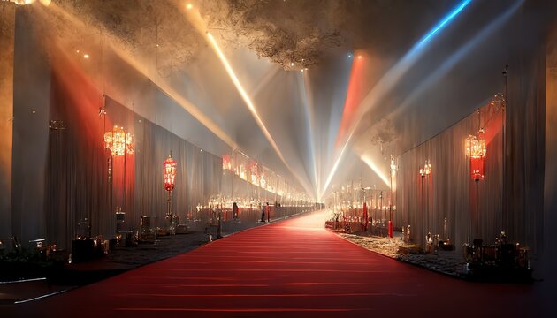 Red carpet and festive decor in corridor of concert hall