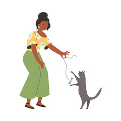 Woman playing with cat, cute pet cartoon flat vector illustration isolated on white background.