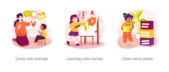 Foreign language study in kindergarten isolated cartoon vector illustration set