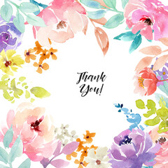 Watercolor Thank You Card with the bright rose flowers in Boho style over white. Watercolor Frame of the flowers border. Modern minimalist poster, greeting card, header for website
