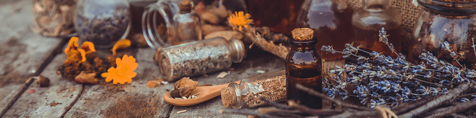 Medicinal herbs and tinctures homeopathy. Selective focus.