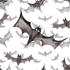 Seamless pattern with bats. Hand drawn background for Halloween party. Ink illustration. Watercolor animals ornament for wrapping paper.