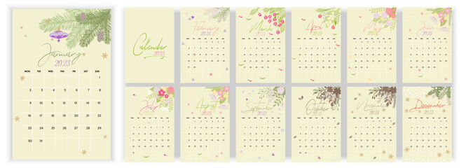 Wall Monthly Calendar 2023. Simple monthly vertical hand drawn, watercolor calendar Design 2023 in English. Cover, 12 months templates. Week starts from Monday. Vector illustration