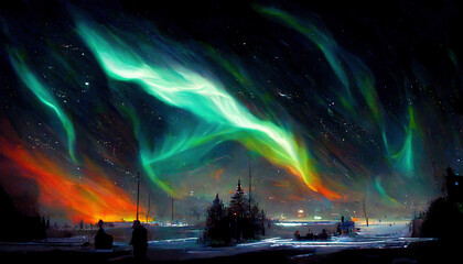 Explosion of warm aurora borealis colors in the night sky with stars - obrazy, fototapety, plakaty