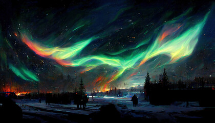 Explosion of warm aurora borealis colors in the night sky with stars