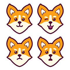 Corgi dog cartoon face set, Cute cartoon corgi puppy, vector illustration