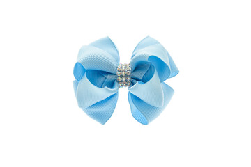Fototapeta na wymiar Blue satin bow for hair for girl, woman isolated on white background. Scrunchie hair clip accessory for girls and women. Close up
