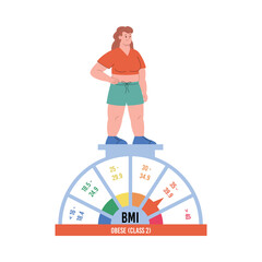 Body mass index or BMI control with obese woman flat vector illustration isolated.