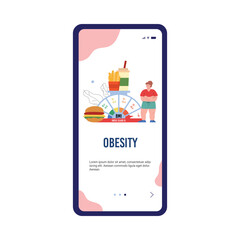 Overweight and obesity problem banner for mobile app, flat cartoon vector.