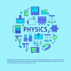 Fototapeta na wymiar Physics round banner in colored line style