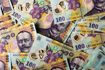 Stack of LEI Romanian money. RON Leu Money European Currency