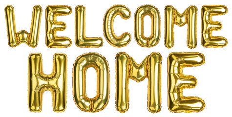 Welcome Home balloons. Yellow Gold foil helium balloon. Good for advertising. English Alphabet Letters. Isolated white background.