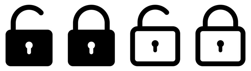 Lock icon set. Locked and unlocked icons. Flat and line art style. Security symbols. Vector illustration