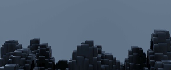 Black cubic mountains on gray background. Polygonal elevations from 3d render of geometric blocks. Buildings made of tiles with digital design