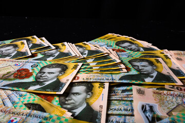 Fototapeta premium Stack of LEI Romanian money. RON Leu Money European Currency