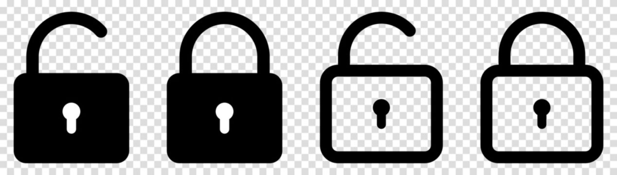 Lock icons. Locked and unlocked icons. Flat and line art style. Security symbols. Vector illustration isolated on transparent background