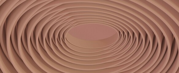 Circle of pink twisted stripes abstract background. Beige rings lines rolled into 3d render futuristic gradient tangle. Elegant structure of modern curved design