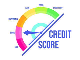 Poor credit score. Credit rating indicator with a direction arrow from bad to excellent, isolated on white background. Credit score gauge. Design for apps and websites. Vector illustration