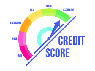 Excellent credit score. Credit rating indicator with a direction arrow from bad to excellent, isolated on white background. Credit score gauge. Design for apps and websites. Vector illustration