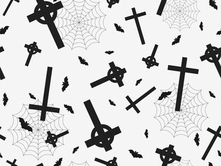 Seamless pattern with bats, crosses and cobwebs in black color isolated on a white background. Halloween pattern. Festive design for print, wrapping paper and banners. Vector illustration