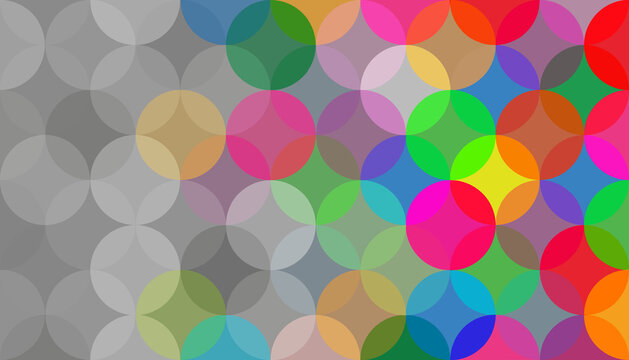 Background with a smooth transition from gray to color. colorful abstract geometric pattern. Overlapping multi-colored circles. Design template for flyer, banner, poster.