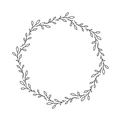 Vector hand drawn spring wreath isolated on white background. Outline circle of leaves. Doodle style. Floral frame.