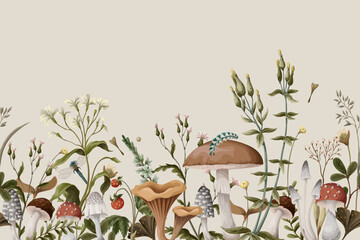 Autumn border with mushrooms, berries and bugs. Natural trendy print. - 525392751