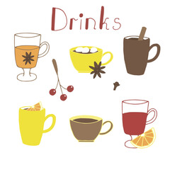 Autumn and winter cozy drinks set vector illustration, hand drawing