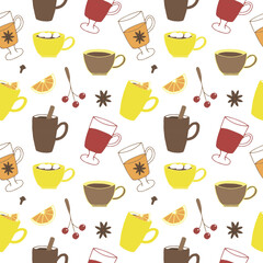 Autumn and winter cozy drinks seamless pattern vector illustration, hand drawing