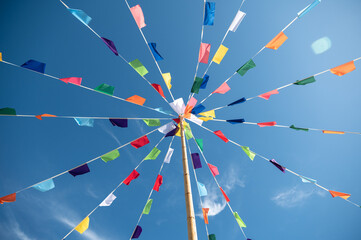 sternf&ouml;rmig verlaufende Seile mit bunten Wimpeln vor blauem Hummel